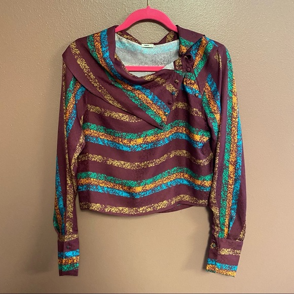 WARM striped silk blouse with draped neckline & button detail size 1 retro vibes